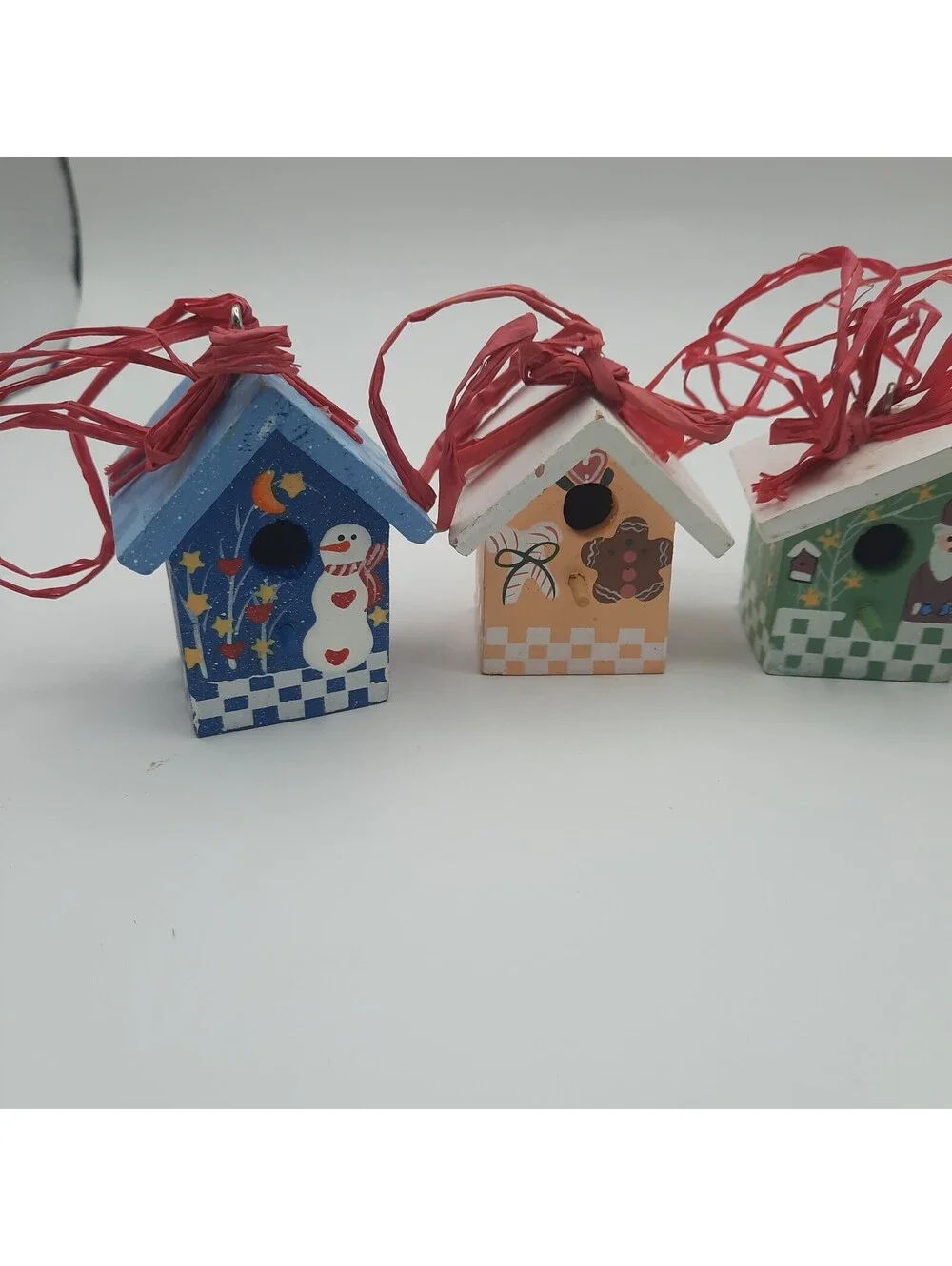 Lot of 4 Small Birdhouse Ornaments  Wood w/Raffia Hangers Chritmas/Holidays
